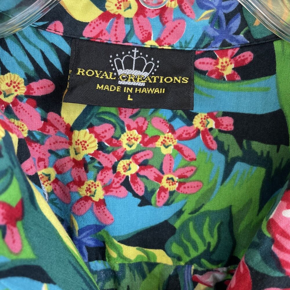 Royal Creations Hawaiian Pink Green Floral Birds Mens Shirt Sz L Made in Hawaii - Picture 4 of 10